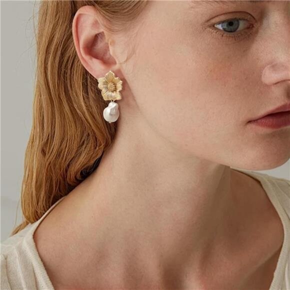 Chunky Gold Drop Earrings – Baroque Pearl Sunflower Dangle Earrings - Picture 3 of 5